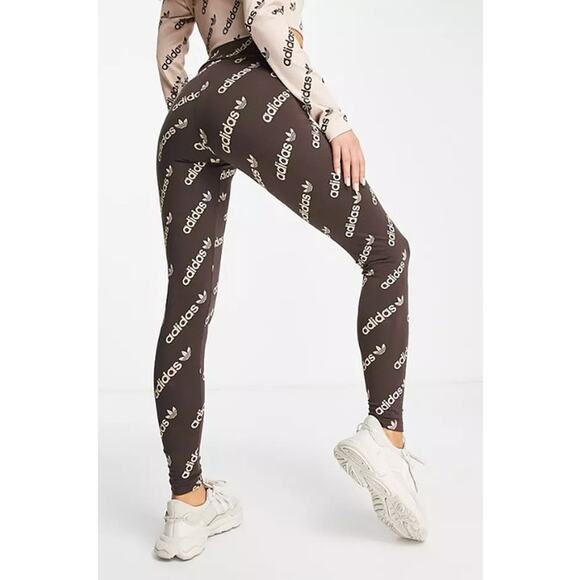 Adidas Originals Logomania Repeat Logo Monogram Leggings Tights in Brown Pants - Picture 4 of 11